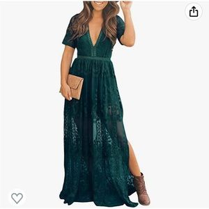 Eleter Deep V-Neck Lace Romper Short Sleeve Long Dress. Size L, Dark Green.